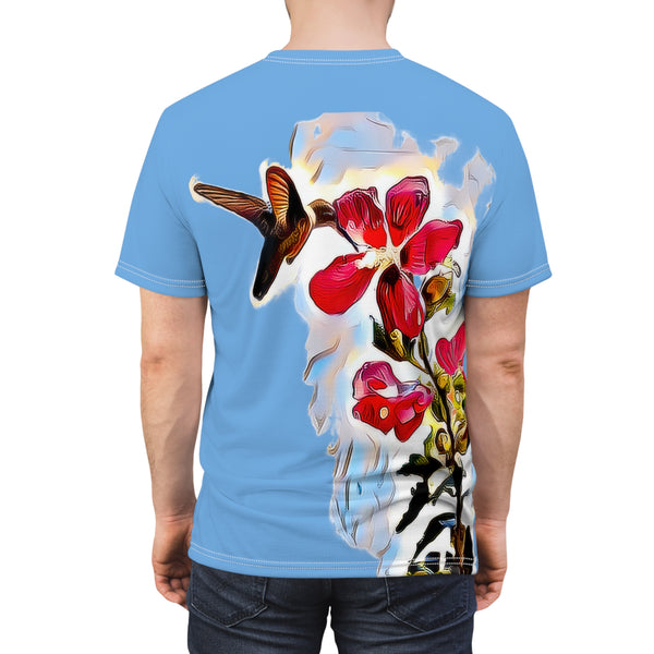 Unisex Cut & Sew Hummingbird Red Rosa Light Blue Tee (AOP 1)