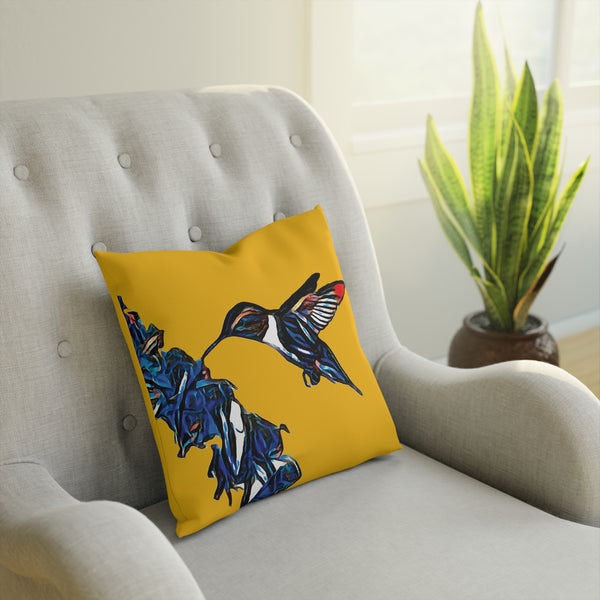 Hummingbird Blue Stick Yellow Cushion