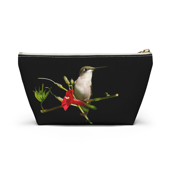 Hummingbird Red Bloom Black Accessory Pouch w T-bottom