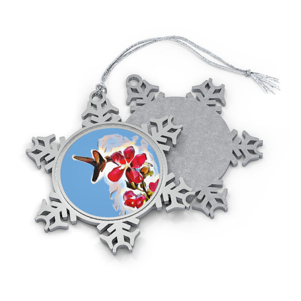 Hummingbird Red Rosa Pewter Light Blue Snowflake Ornament