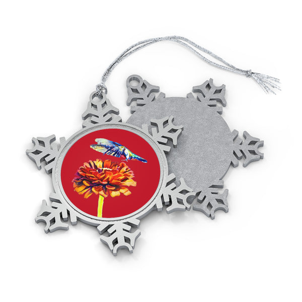 Hummingbird Wings Up Pewter Red Snowflake Ornament