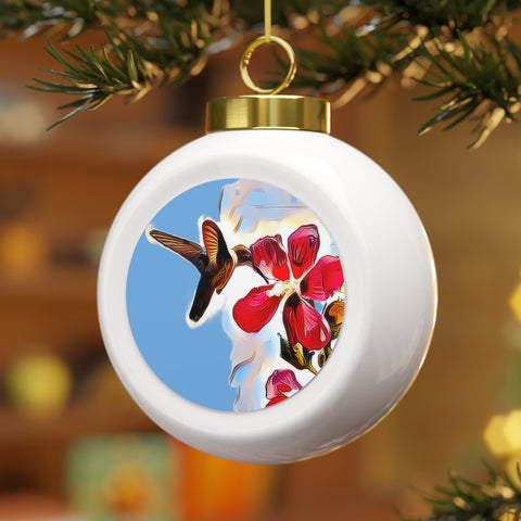 Hummingbird Red Rosa Light Blue Ball Ornament