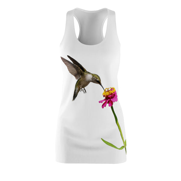 Hummingbird Zinnia Sip White Women's Cut & Sew Racerback Dress (AOP)