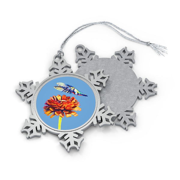 Hummingbird Wings Up Pewter Light Blue Snowflake Ornament