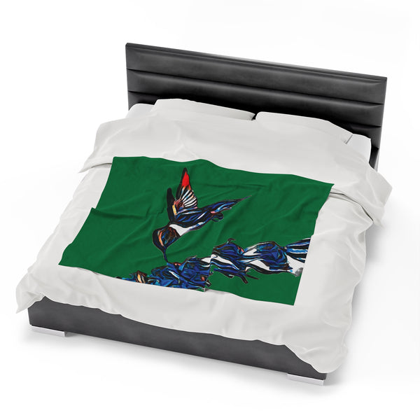 Hummingbird Blue Stick Green Velveteen Plush Blanket