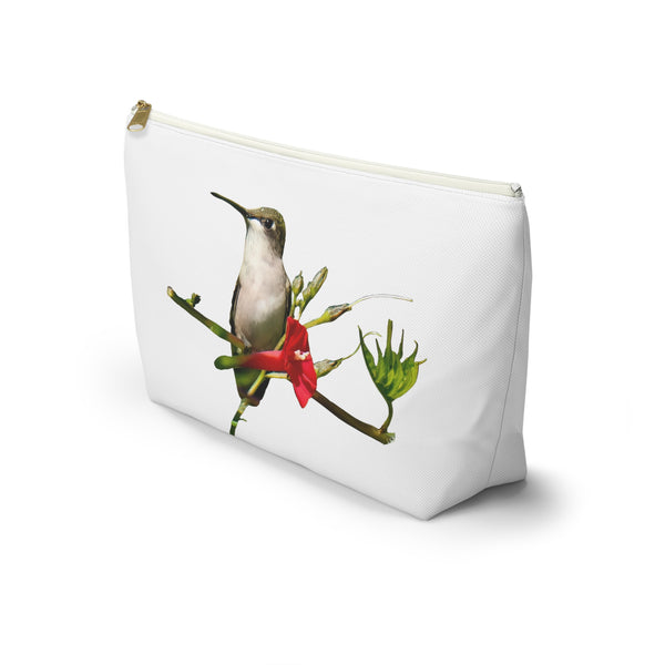 Hummingbird Red Bloom White Accessory Pouch w T-bottom