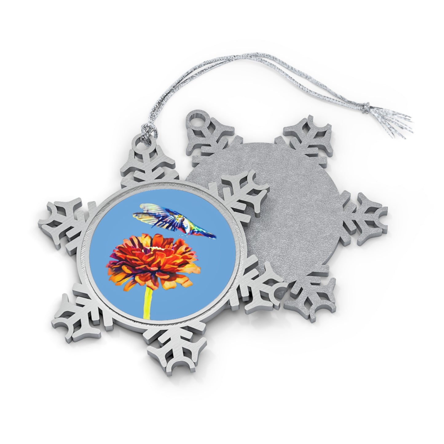 Hummingbird Wings Up Pewter Light Blue Snowflake Ornament
