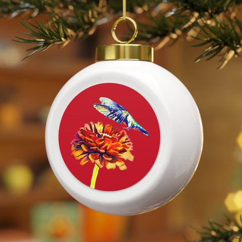 Hummingbird Wings Up Red Ball Ornament