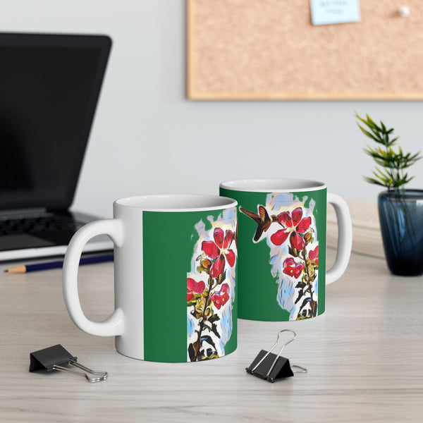 Hummingbird Red Rosa Green Ceramic Mug 11oz