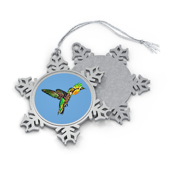 Hummingbird Emerald Sip Pewter Light Blue Snowflake Ornament