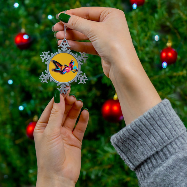 Hummingbird Landing Pewter Yellow Snowflake Ornament