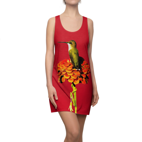 Hummingbird Orange Platform Red Women's Cut & Sew Racerback Dress (AOP)