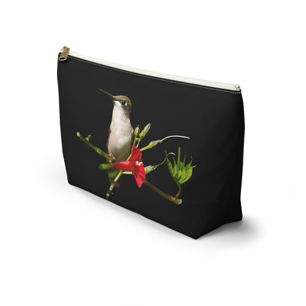 Hummingbird Red Bloom Black Accessory Pouch w T-bottom