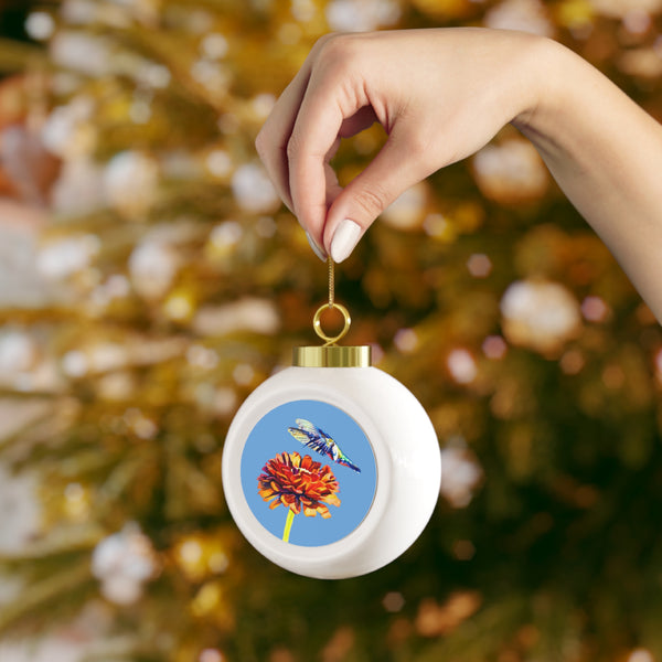 Hummingbird Wings Up Light Blue Ball Ornament