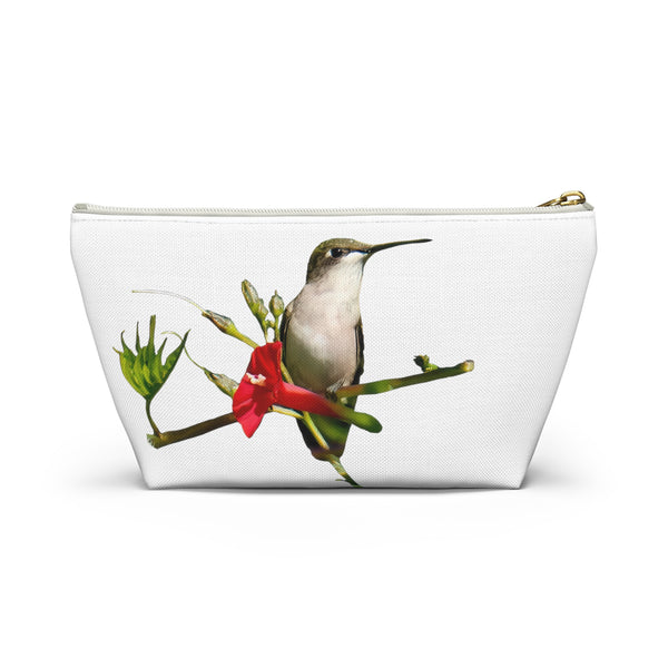 Hummingbird Red Bloom White Accessory Pouch w T-bottom