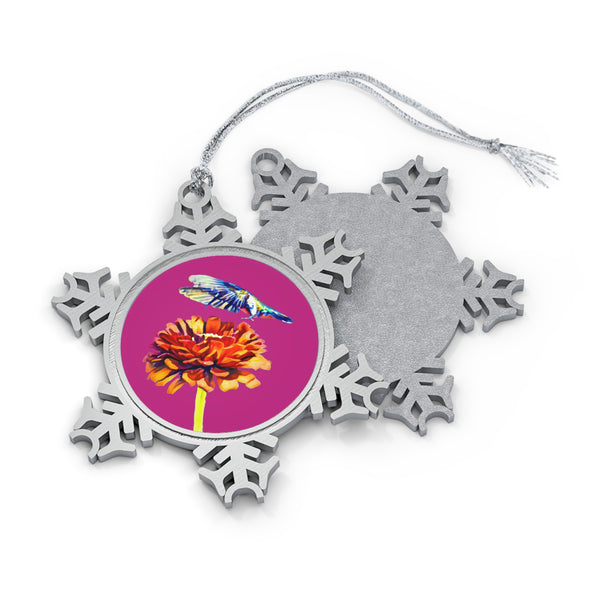 Hummingbird Wings Up Pewter Neat Pink Snowflake Ornament 1