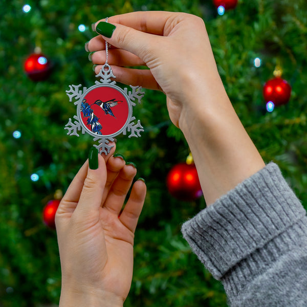 Hummingbird Blue Stick Pewter Red Snowflake Ornament