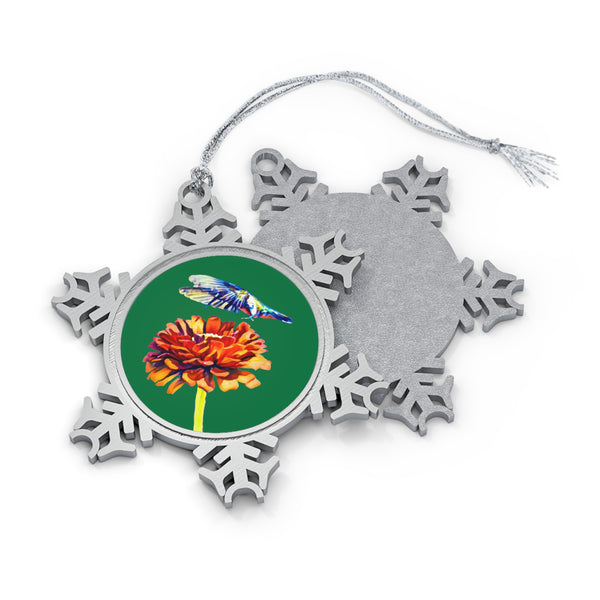 Hummingbird Wings Up Pewter Green Snowflake Ornament