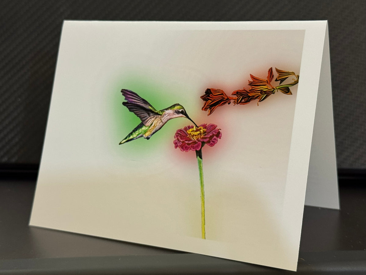 Ruby-throated hummingbird hovering beside an orange flower spike on a painterly note card