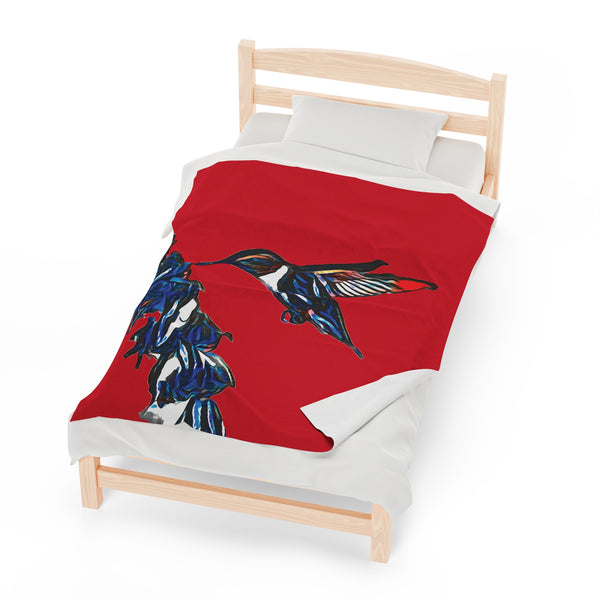 Hummingbird Blue Stick Red Velveteen Plush Blanket