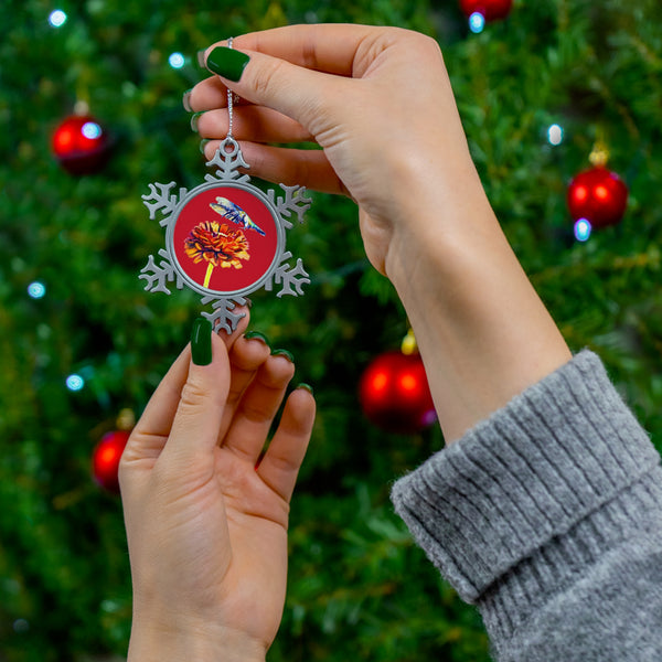 Hummingbird Wings Up Pewter Red Snowflake Ornament