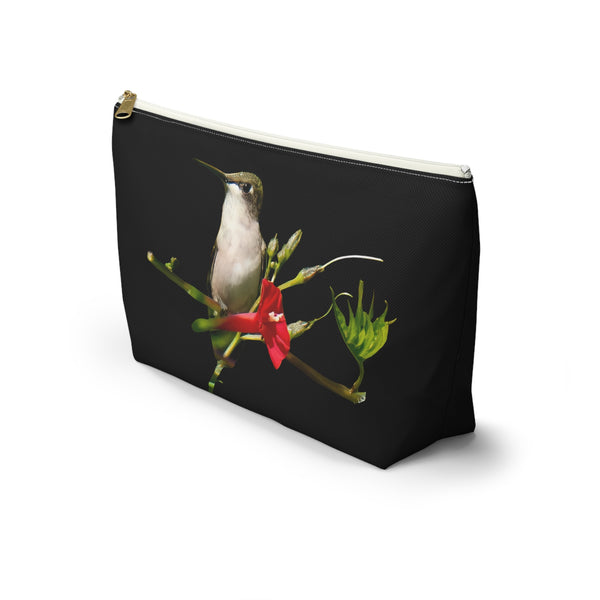 Hummingbird Red Bloom Black Accessory Pouch w T-bottom