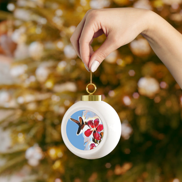 Hummingbird Red Rosa Light Blue Ball Ornament