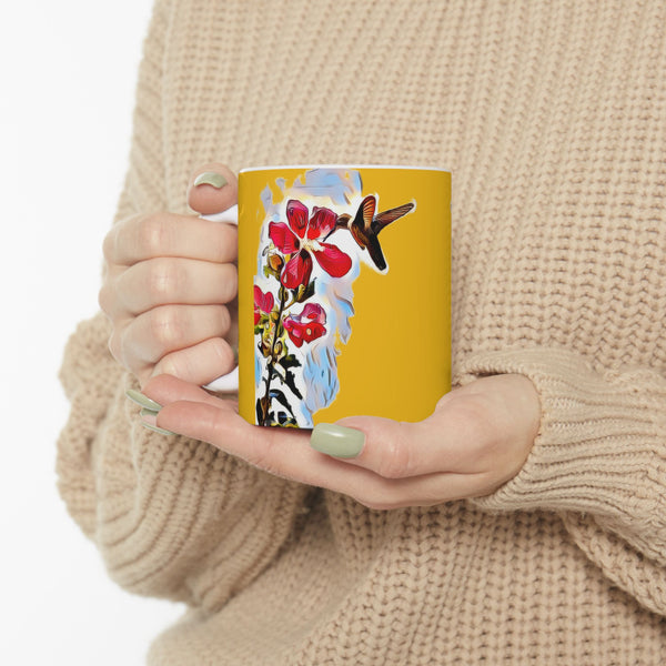 Hummingbird Red Rosa Yellow Ceramic Mug 11oz