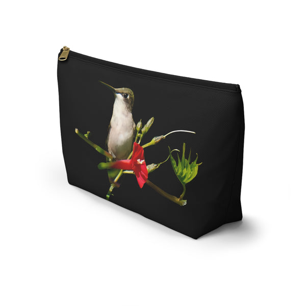 Hummingbird Red Bloom Black Accessory Pouch w T-bottom