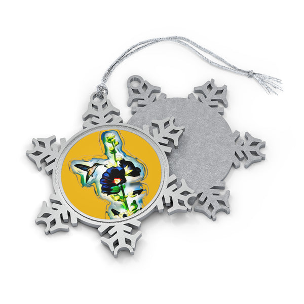 Hummingbird Standing Pewter Yellow Snowflake Ornament