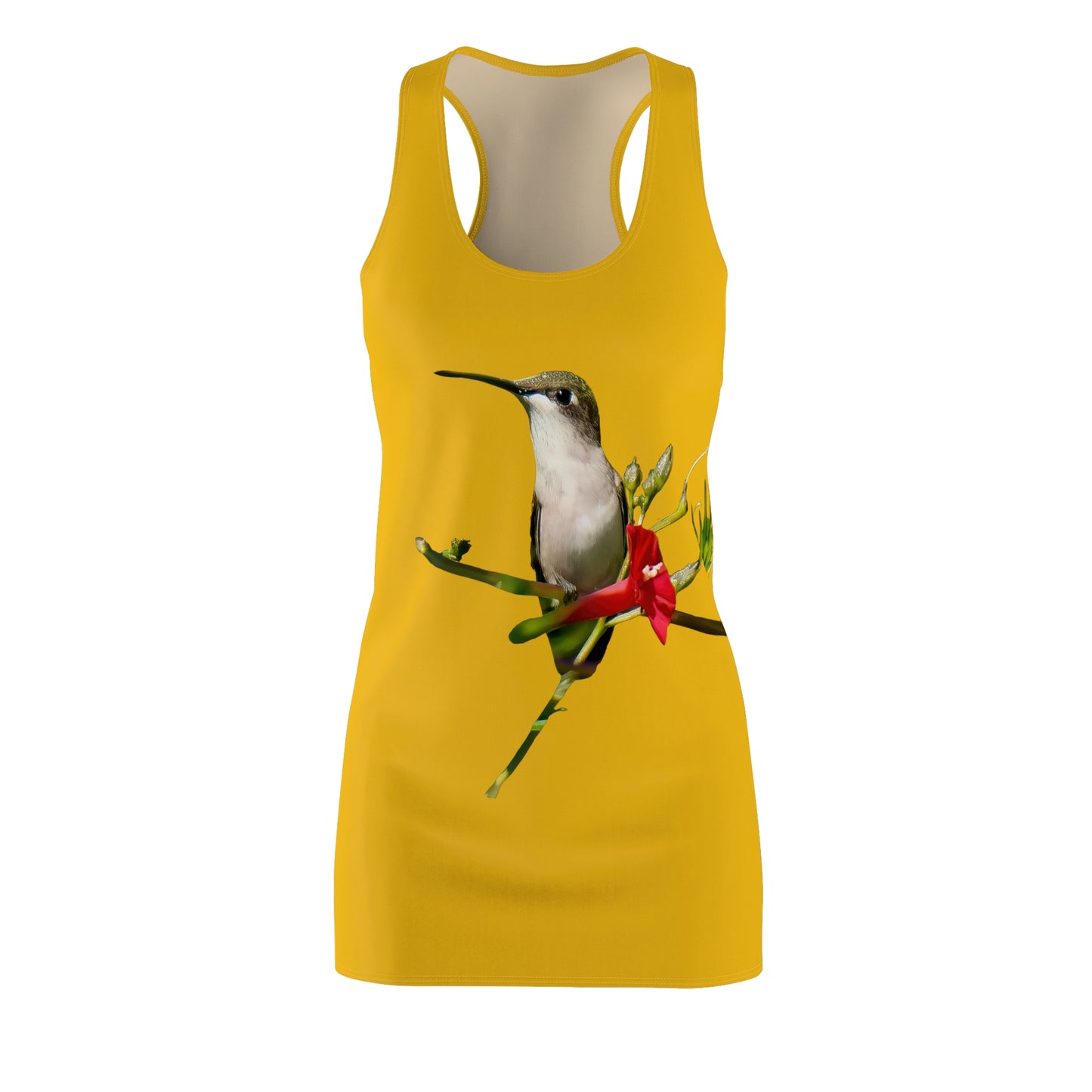 Hummingbird Red Bloom Yellow Women's Cut & Sew Racerback Dress (AOP)