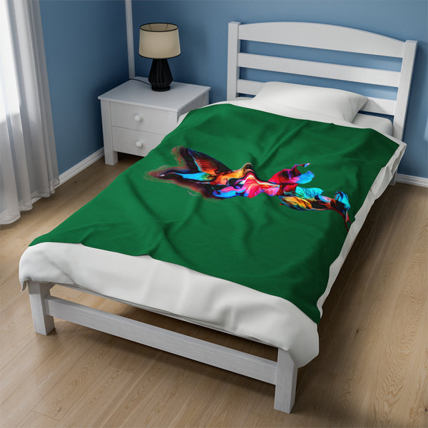 Hummingbird Landing Green Velveteen Plush Blanket