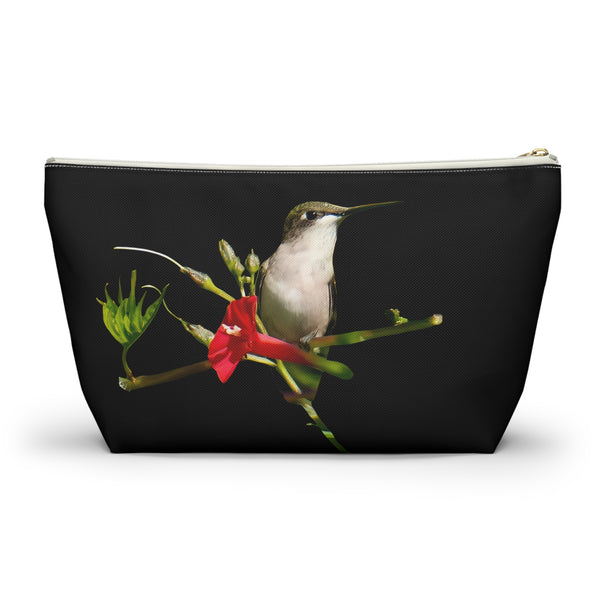 Hummingbird Red Bloom Black Accessory Pouch w T-bottom