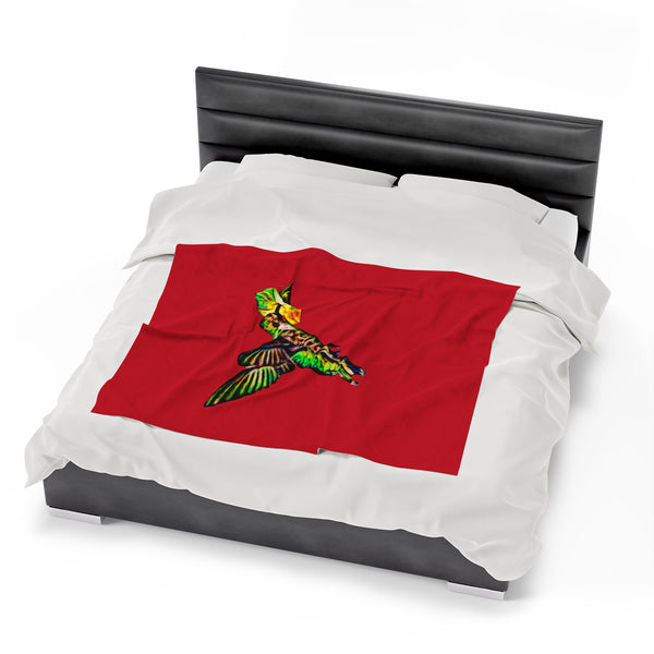 Hummingbird Emerald Sip Red Velveteen Plush Blanket