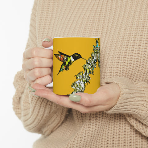 Hummingbird Stick Yellow Ceramic Mug 11oz