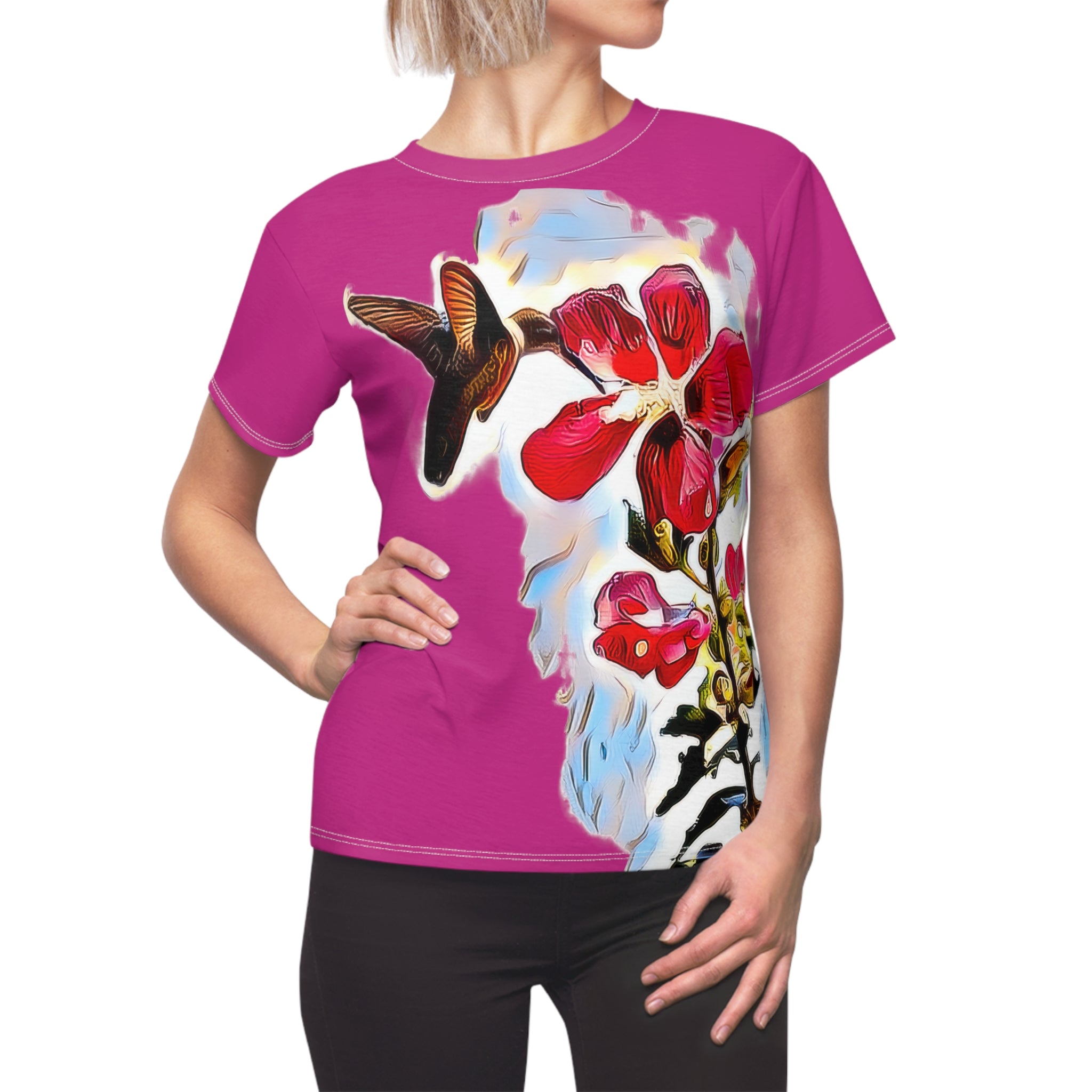 Women's Cut & Sew Hummingbird Red Rosa Neat Pink Tee (AOP 1)