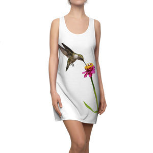 Hummingbird Zinnia Sip White Women's Cut & Sew Racerback Dress (AOP)