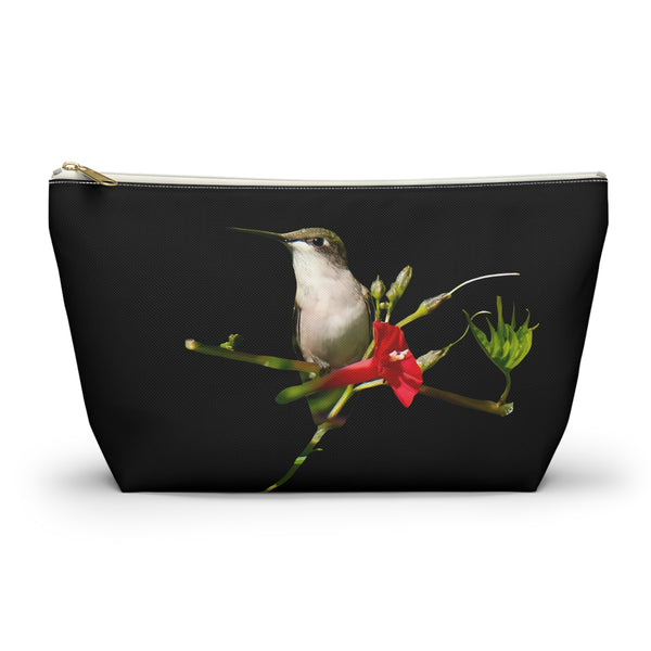 Hummingbird Red Bloom Black Accessory Pouch w T-bottom
