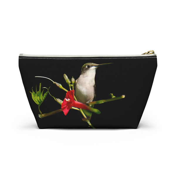 Hummingbird Red Bloom Black Accessory Pouch w T-bottom