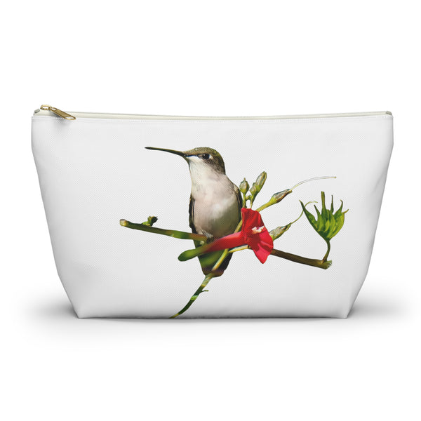 Hummingbird Red Bloom White Accessory Pouch w T-bottom