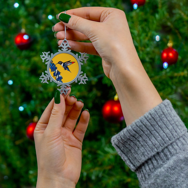 Hummingbird Blue Stick Pewter Yellow Snowflake Ornament