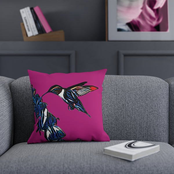 Hummingbird Blue Stick Neat Pink Cushion