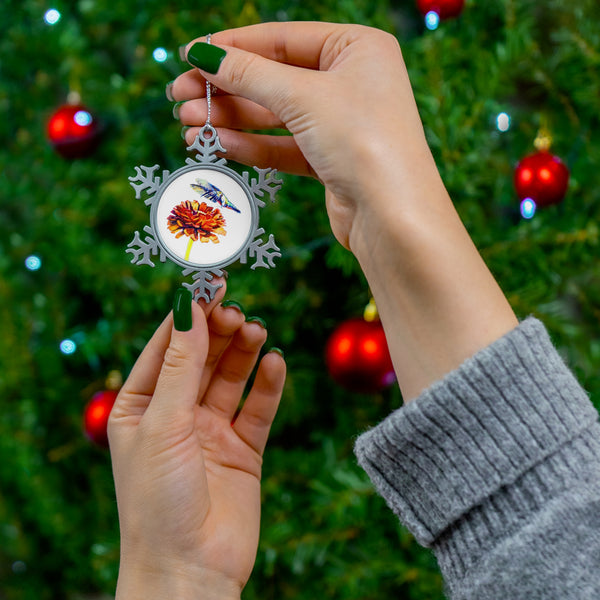 Hummingbird Wings Up Pewter Snowflake Ornament