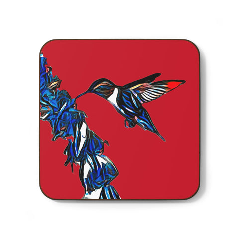 Hummingbird Blue Stick Red Hardboard Back Coaster