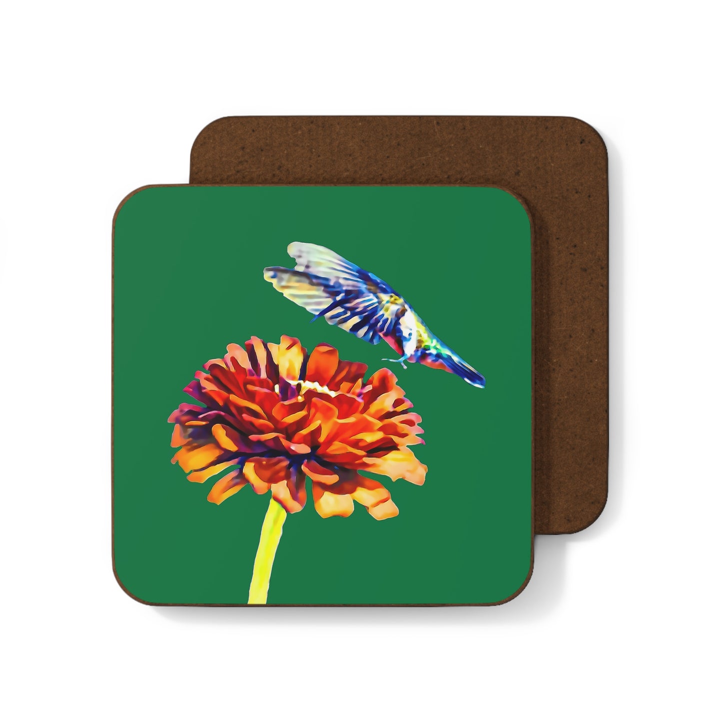 Hummingbird Wings Up Green Hardboard Back Coaster