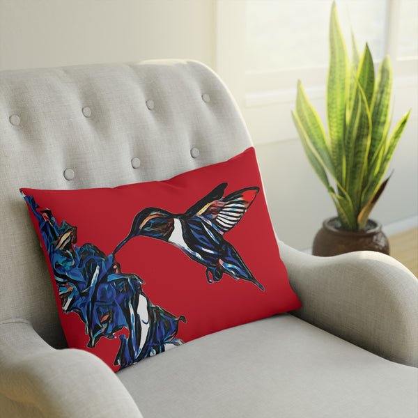 Hummingbird Blue Stick Red Cushion