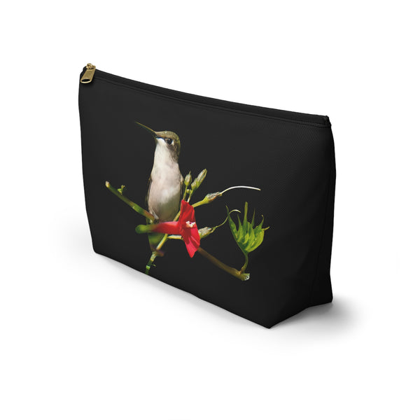 Hummingbird Red Bloom Black Accessory Pouch w T-bottom