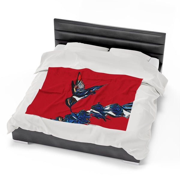 Hummingbird Blue Stick Red Velveteen Plush Blanket