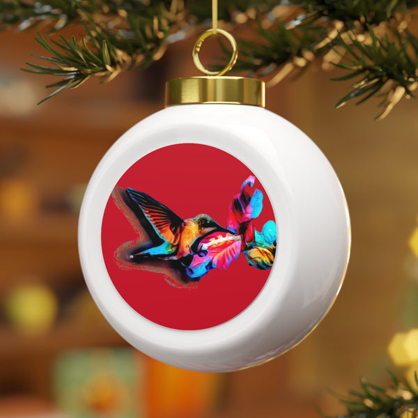 Hummingbird Landing Red Ball Ornament