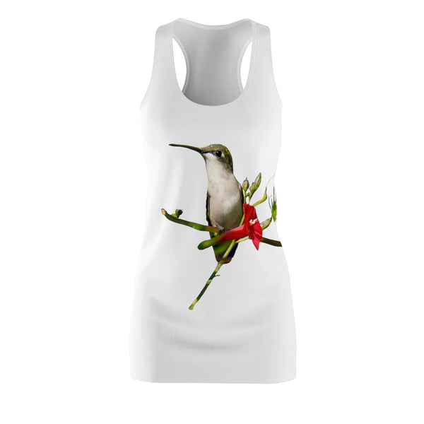 Hummingbird Red Bloom White Women's Cut & Sew Racerback Dress (AOP)